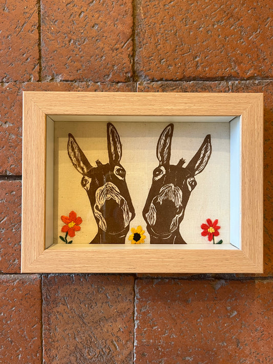 Shadow box ~ Two mules printed on fabric with hand embroidery ~ Red & yellow flowers