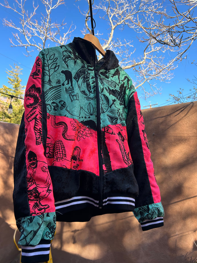 Upcycled Patchwork Jacket - Teal, Pink, and Black ~ Screen Printed