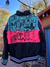 Load image into Gallery viewer, Upcycled Patchwork Jacket - Teal, Pink, and Black ~ Screen Printed
