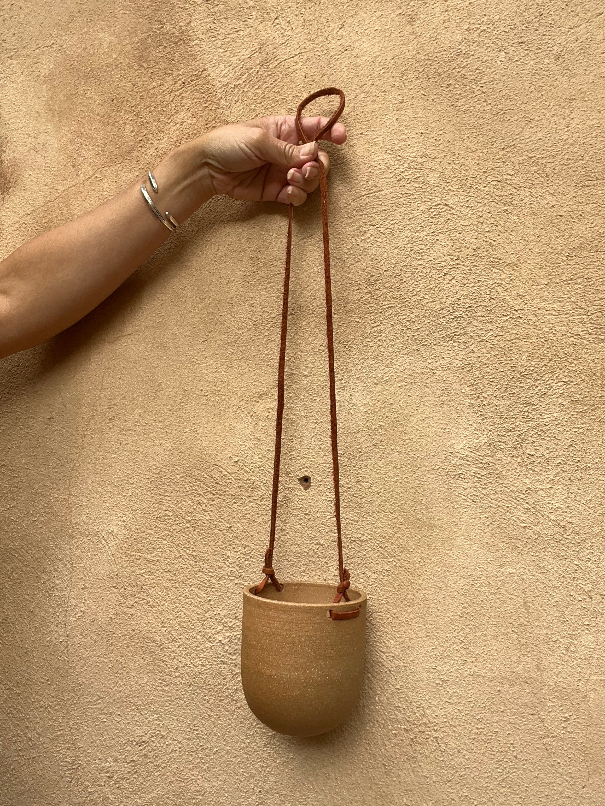 Hanging Speckled Planters ~ stoneware & Leather