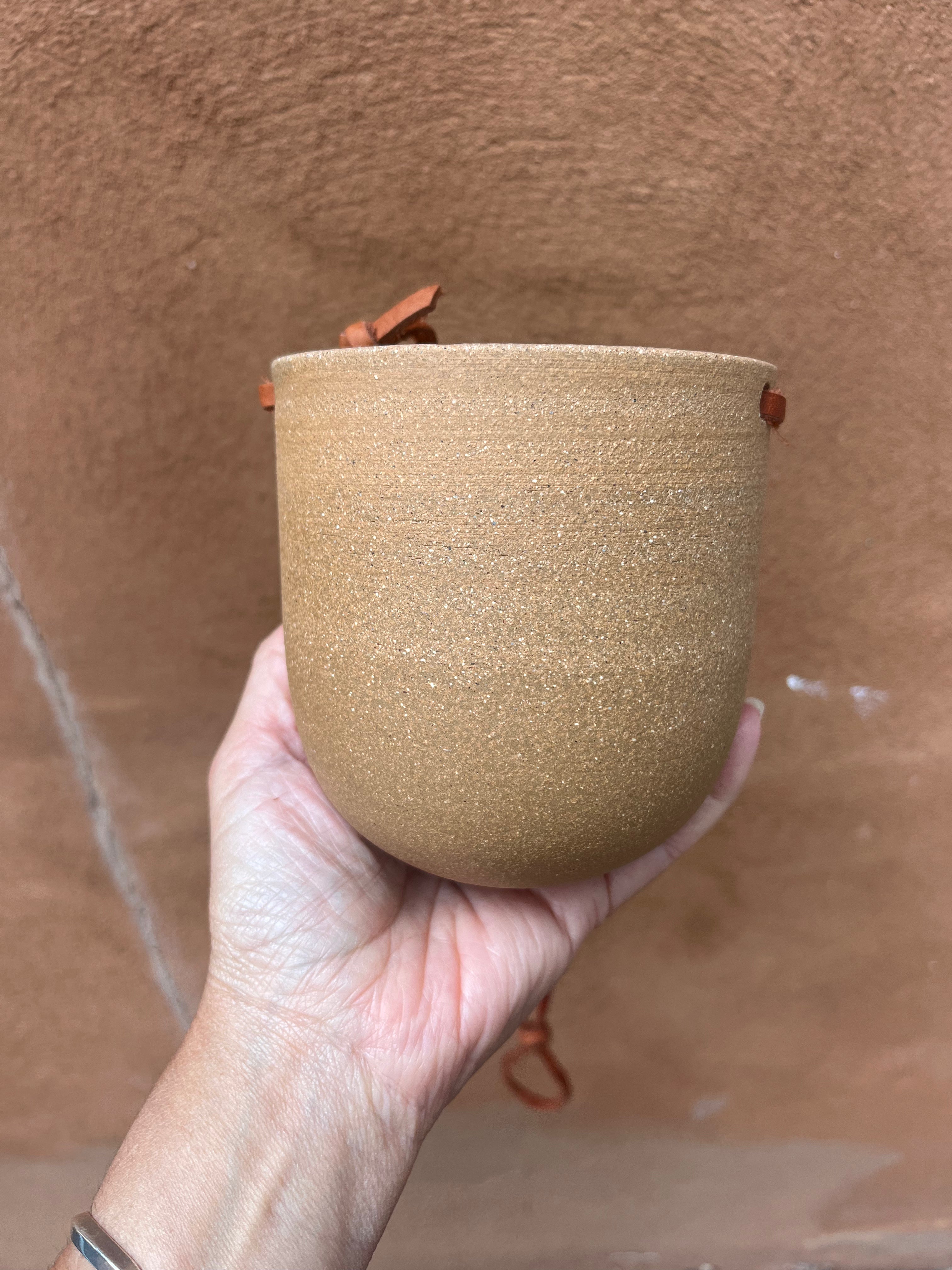 Hanging Speckled Planters ~ stoneware & Leather