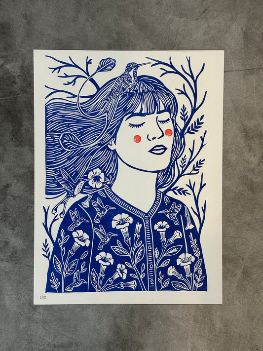 Woman with Hummingbirds and Kantu Flowers 9x12 block print