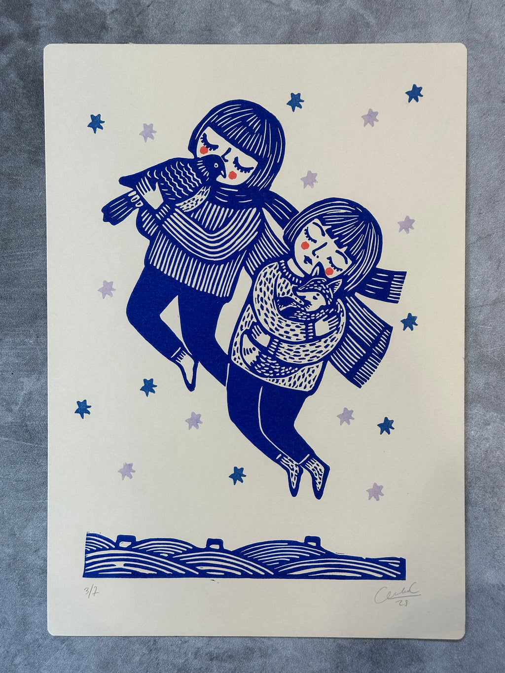 Girls Flying with Animals - 8x11.5 Block print