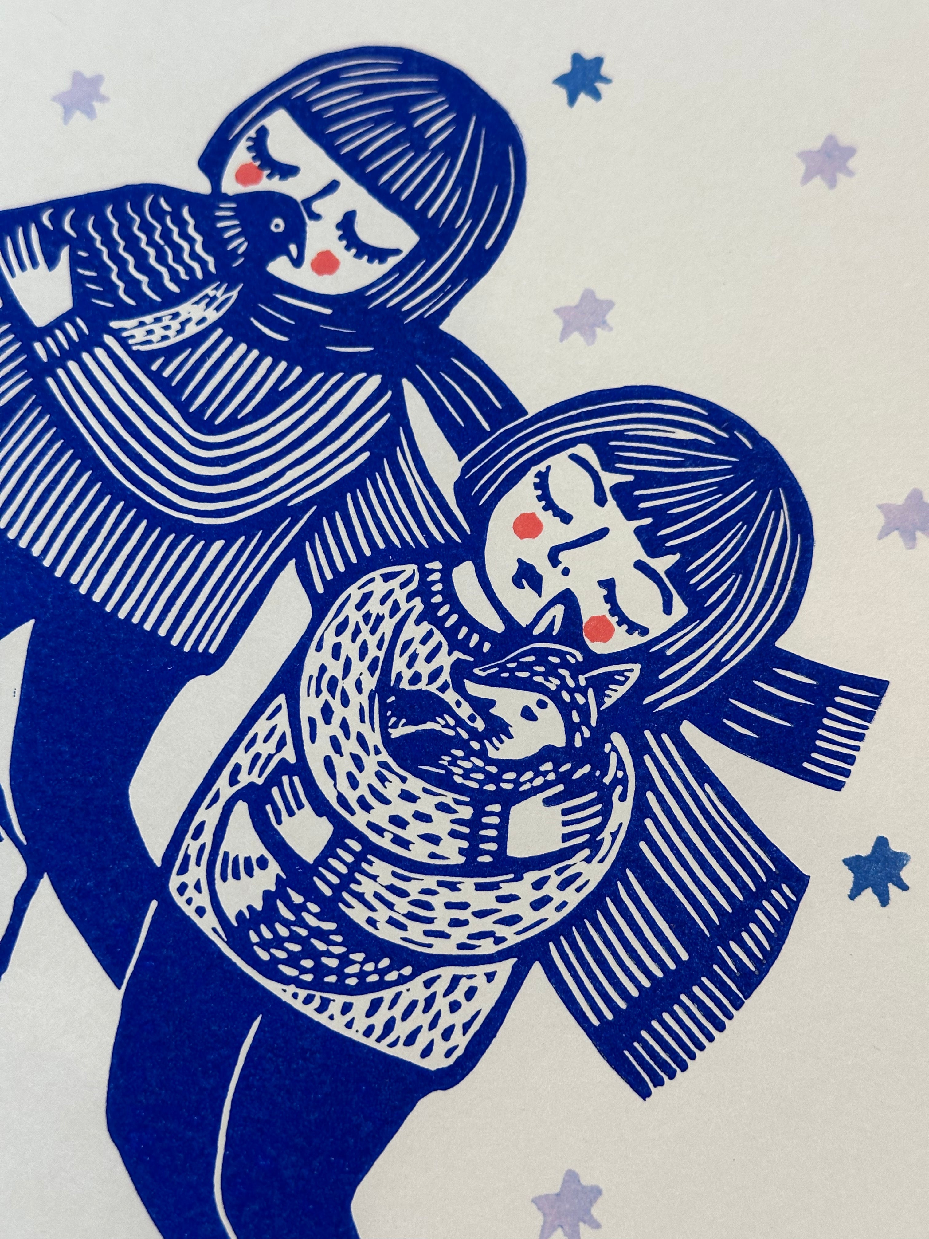 Girls Flying with Animals - 8x11.5 Block print