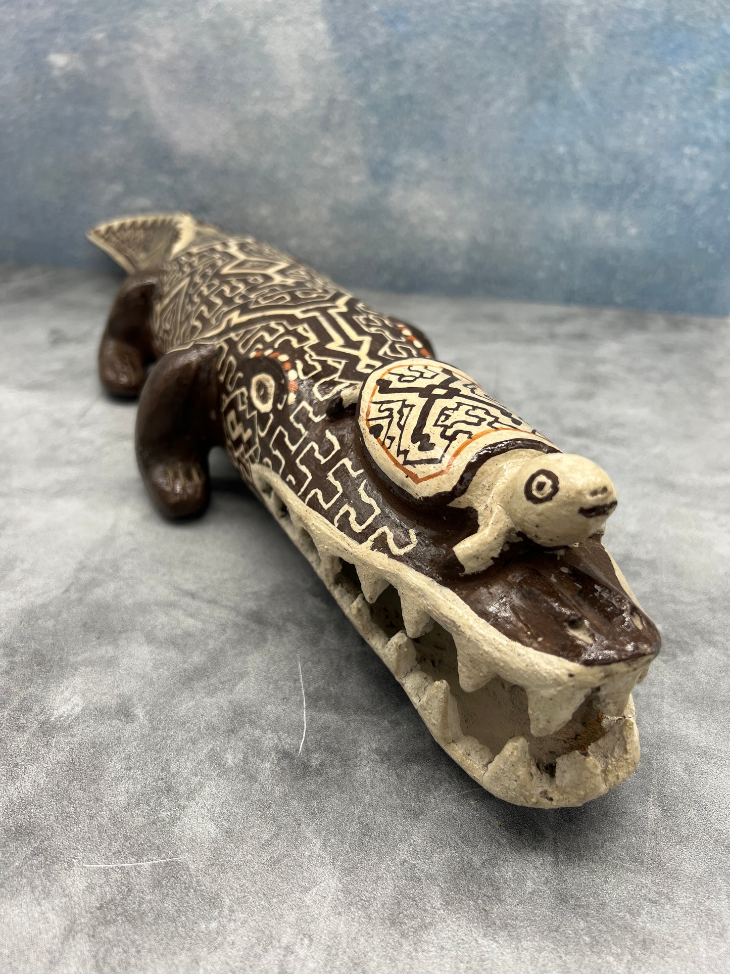 Shipibo Ceramic Cayman w/ Turtle