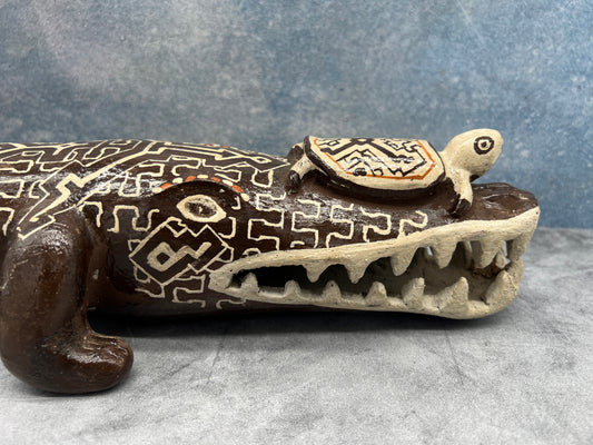 Shipibo Ceramic Cayman w/ Turtle