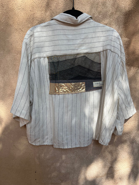 Boxy Cropped Shirt  - White & black pinstripe Linen