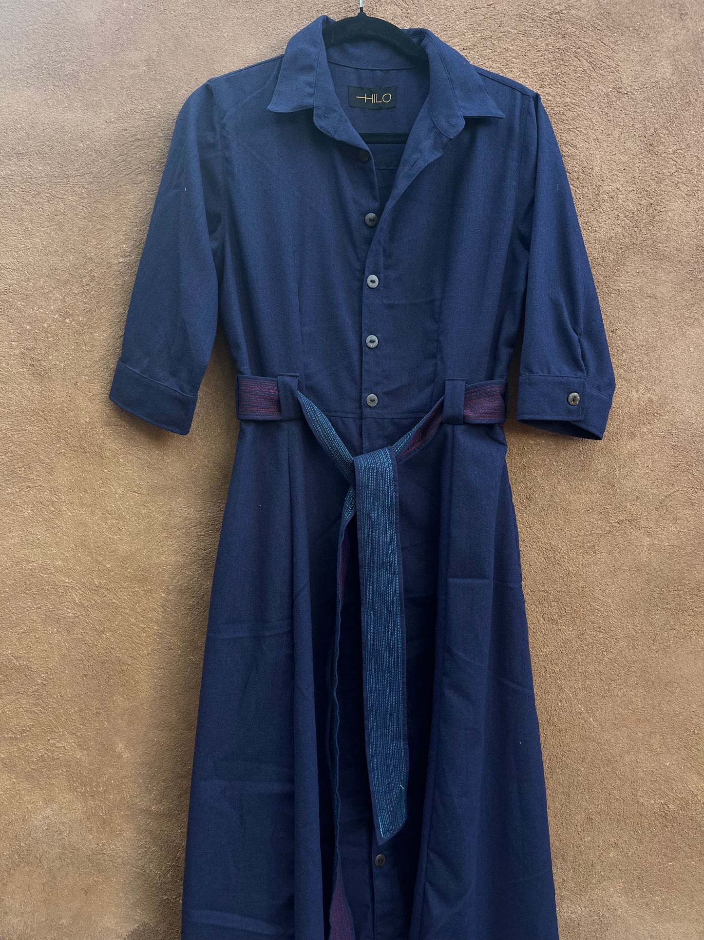 Buttoned Dress - Blue Linen - short sleeves