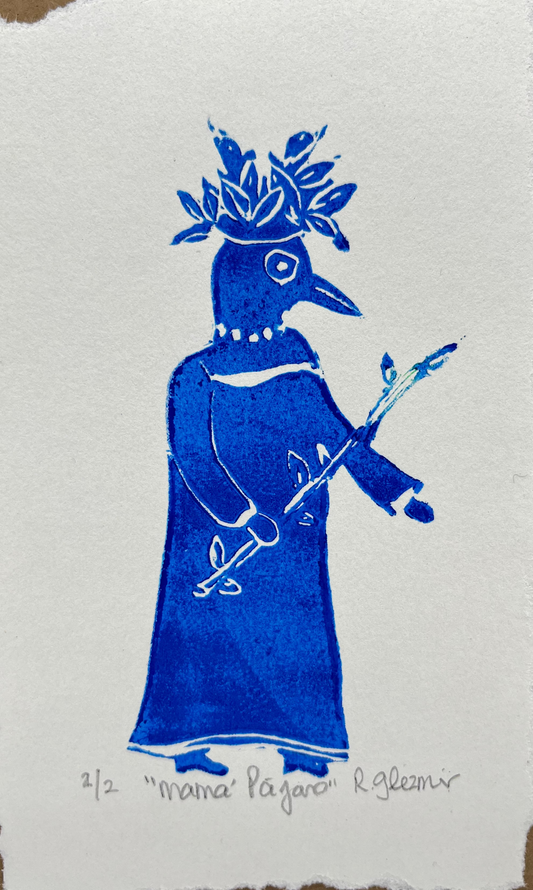 "Mama Pajaro" - Linocut Print 5x7 - Blue