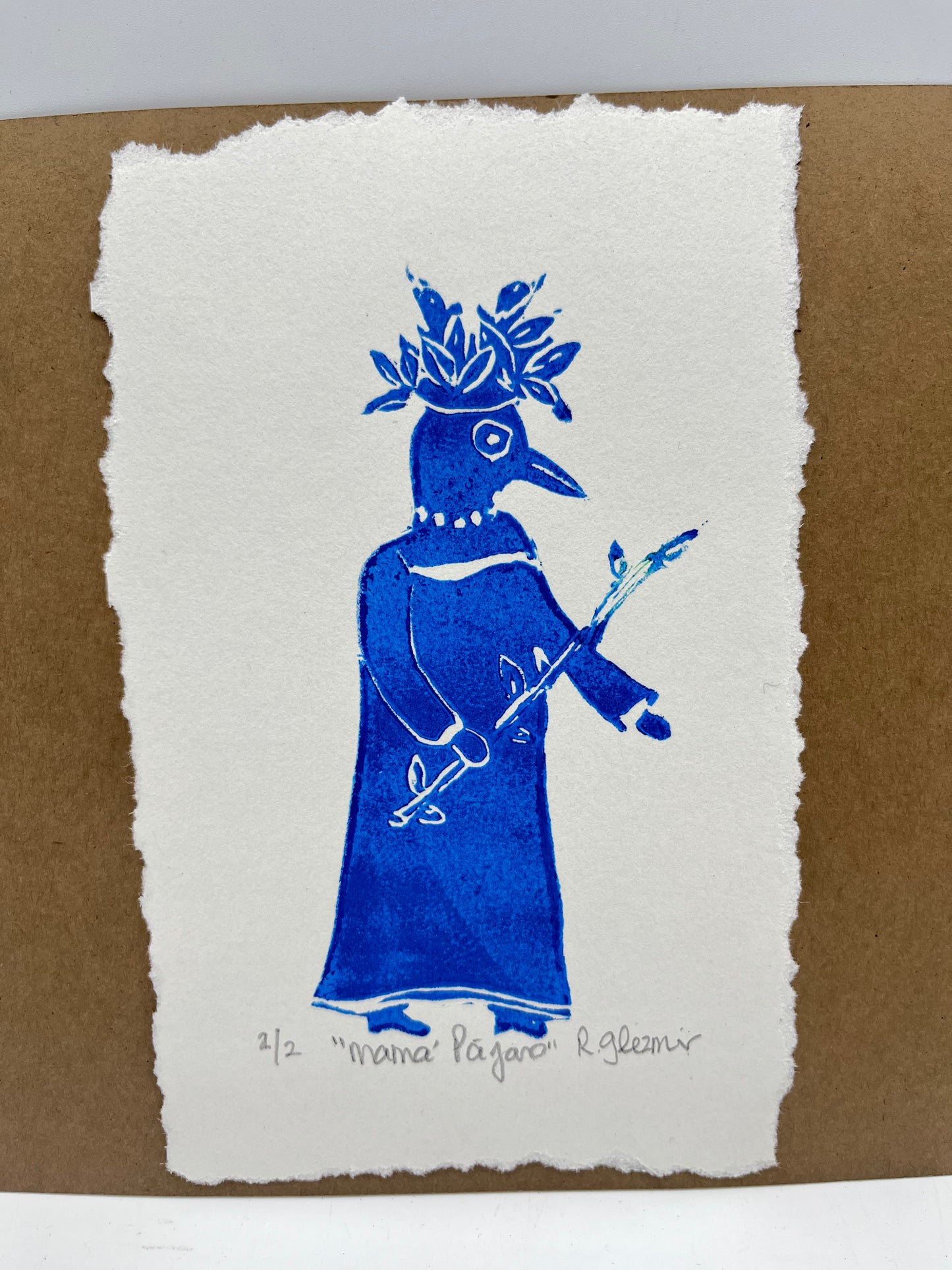"Mama Pajaro" - Linocut Print 5x7 - Blue