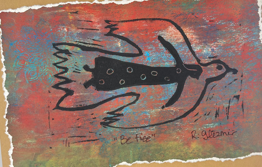 "Be Free" - Linocut Print 5x7 - Reddish & blue