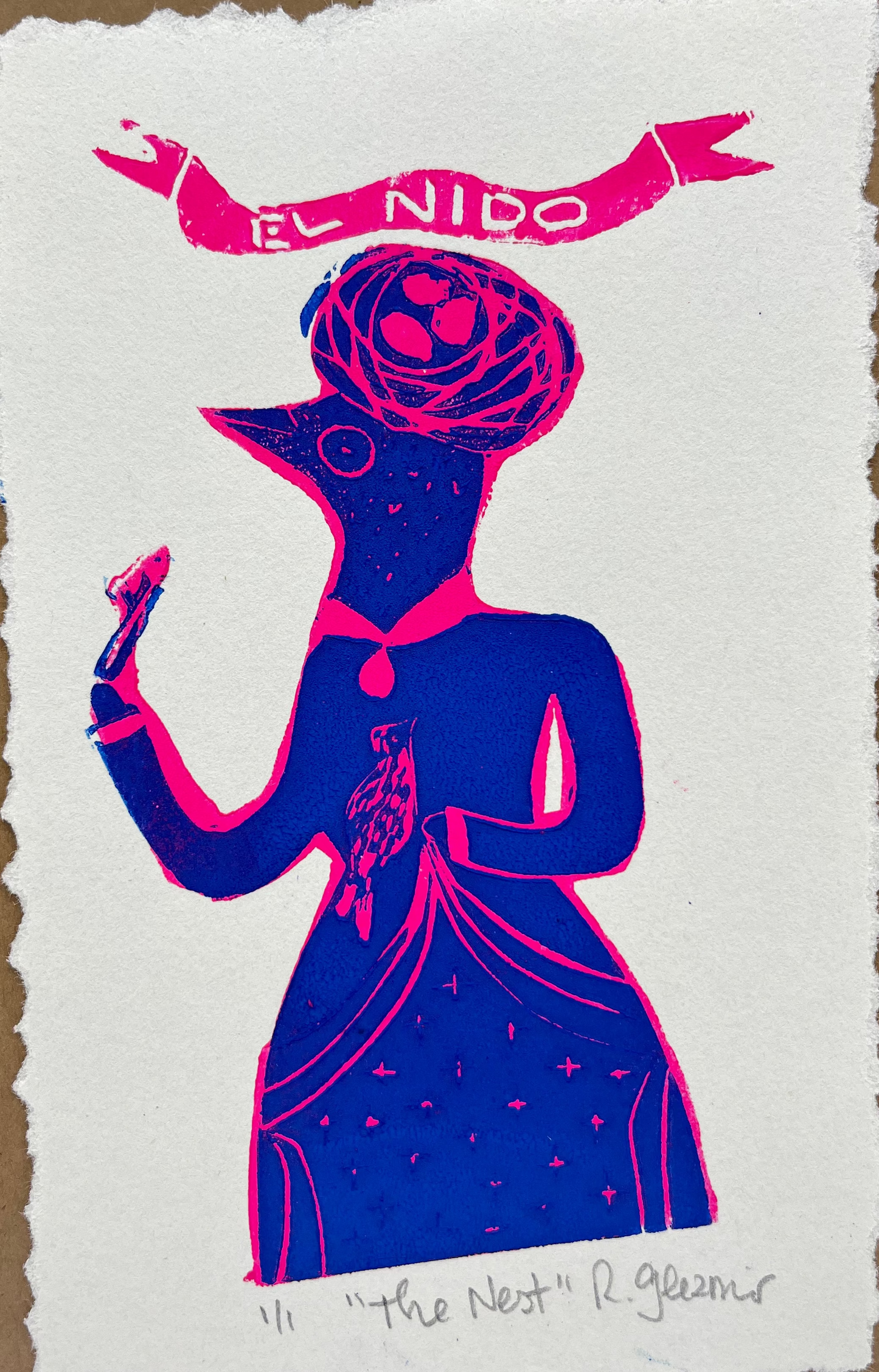 "The Nest" - Linocut Print 5x7 - Blue & pink