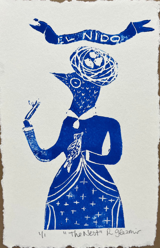 "The Nest" - Linocut Print 5x7 - Blue