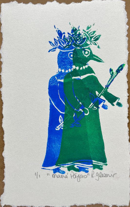 "Mama Pajaro" - Linocut Print 5x7 - Blue & green