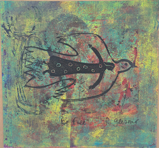 "Be Free" - Linocut Print 7x7 - Green