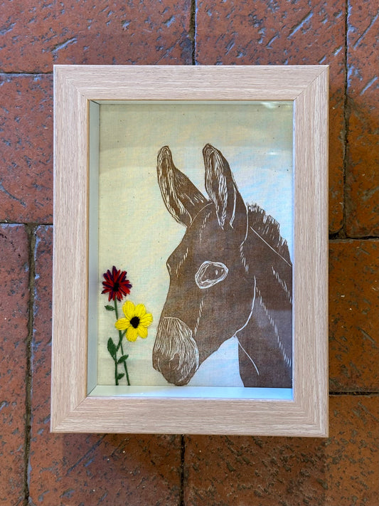 Shadow box ~ mule printed on fabric with hand embroidery ~ Red & yellow flowers