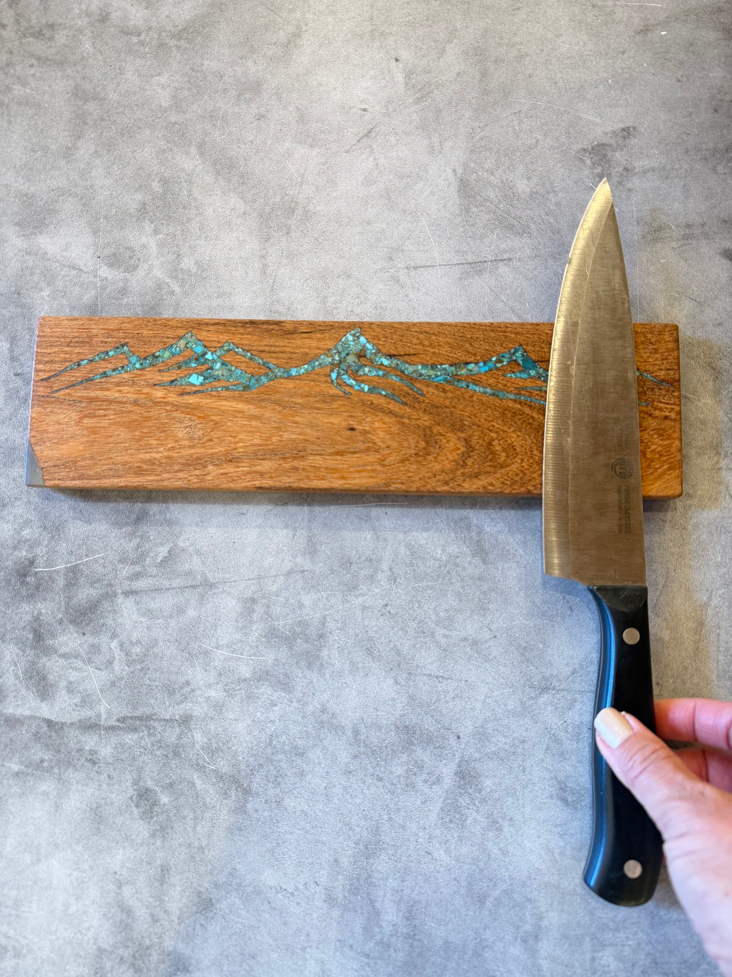 Knife block with Kingman turquoise inlaid ~ Mountains Design