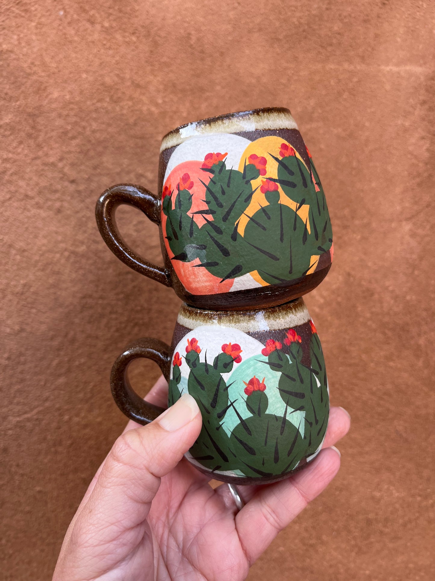 Stoneware espresso mugs ~ hand painted Prickly pear ~ 2 colors