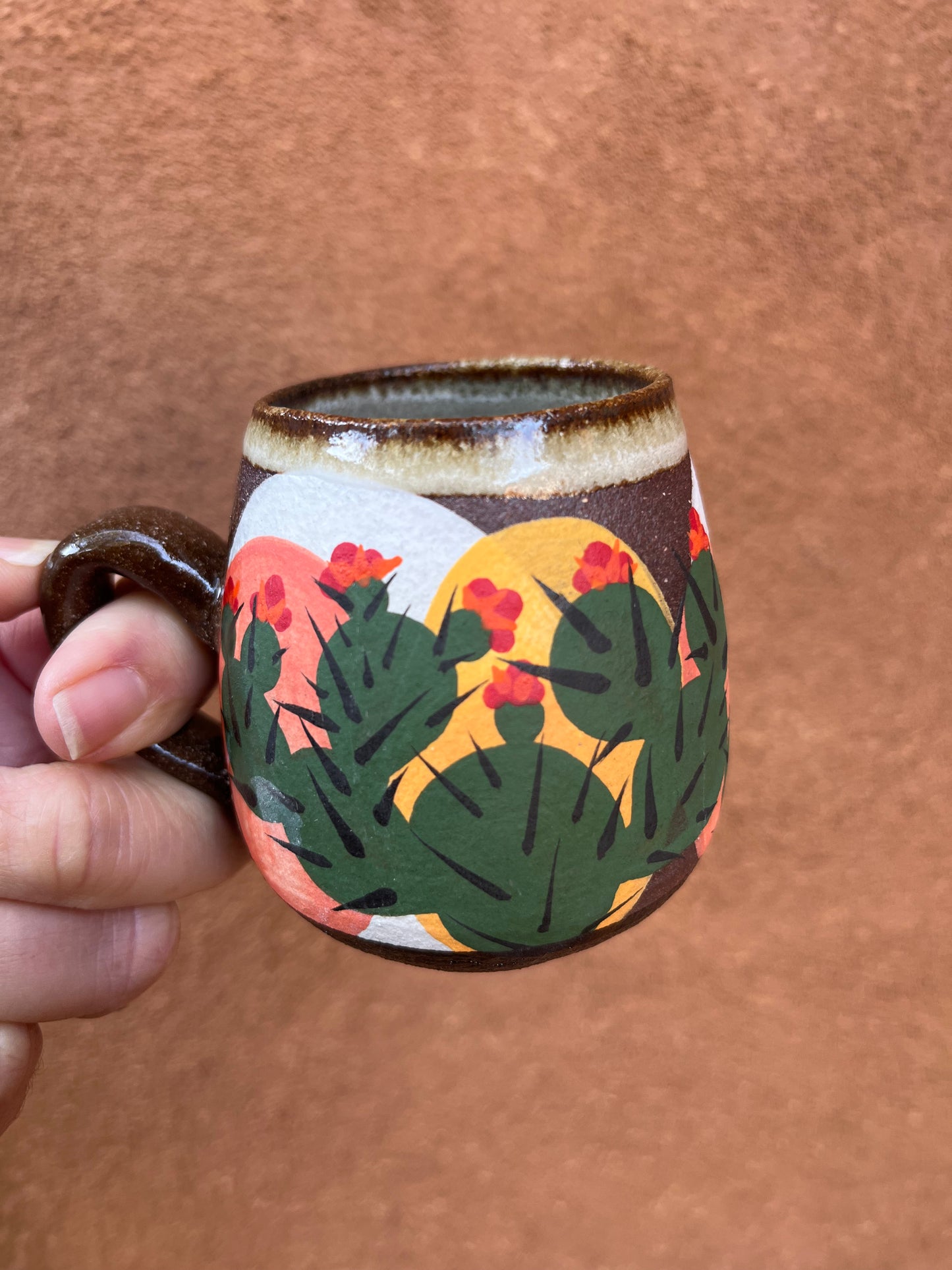 Stoneware espresso mugs ~ hand painted Prickly pear ~ 2 colors