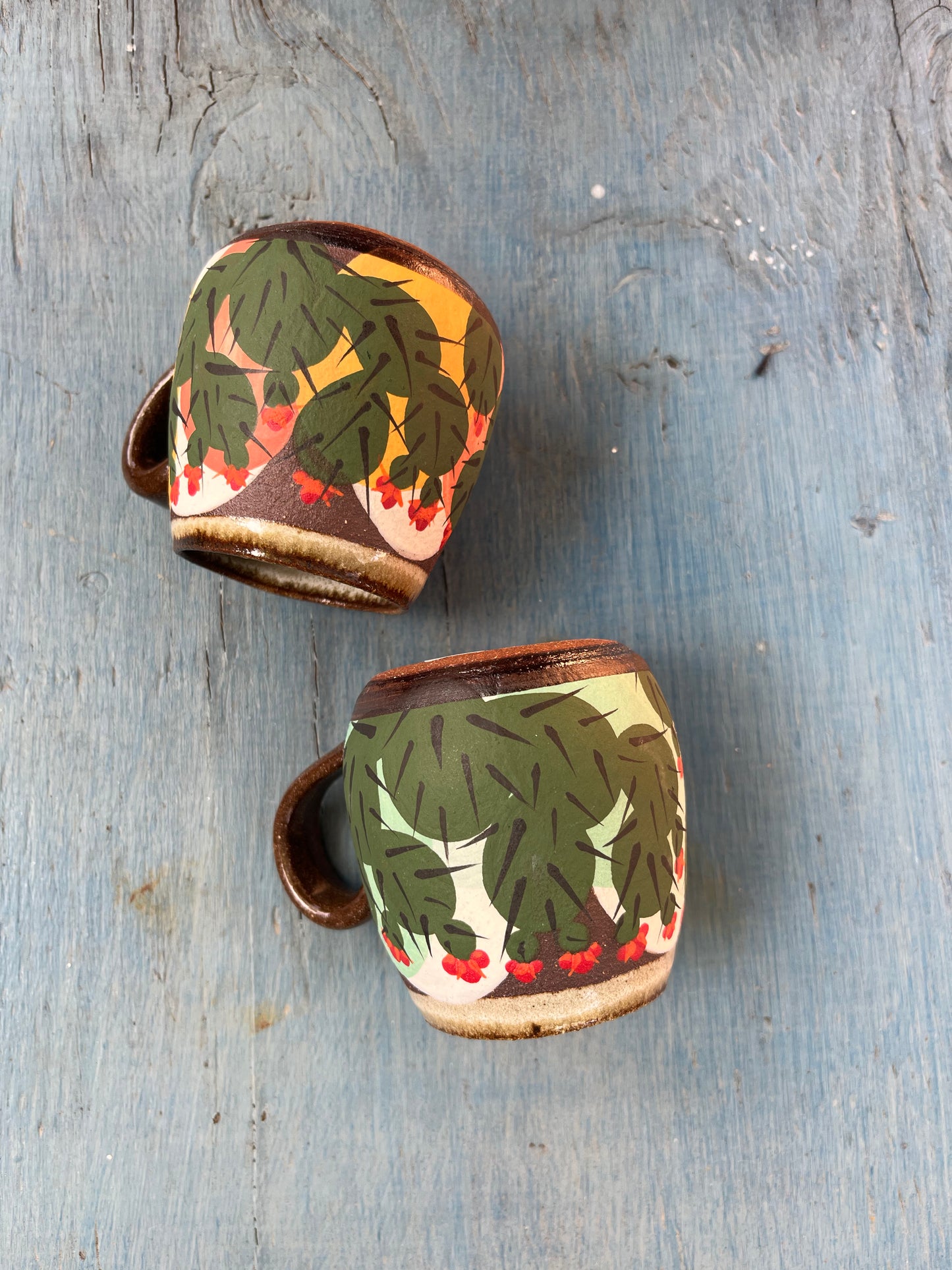 Stoneware espresso mugs ~ hand painted Prickly pear ~ 2 colors