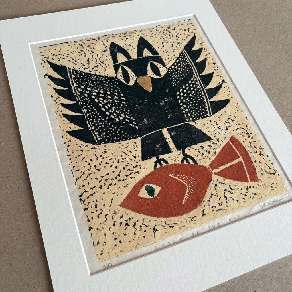 Catch of the day - linocut 8”x10”