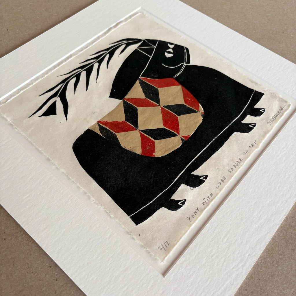 Pony with Cube Saddle in Tan - linocut 8”x8”