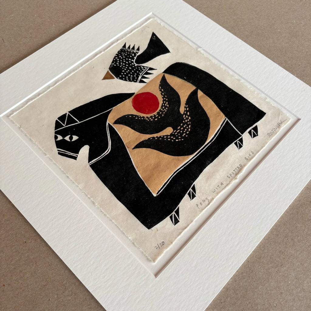 Pony with Spotted Bird - Linocut 8”x8”