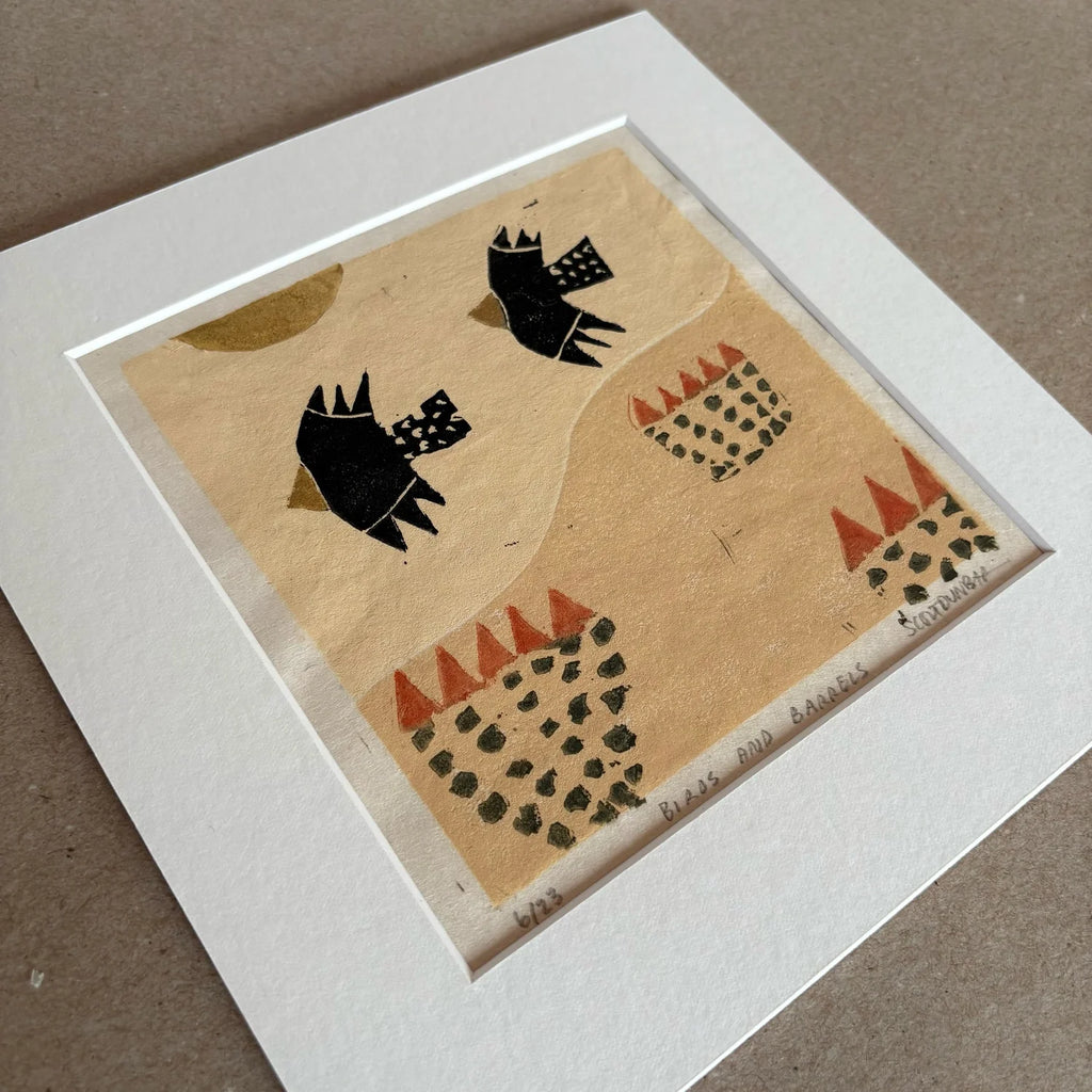 Birds and Barrels - Linocut 5”x5”