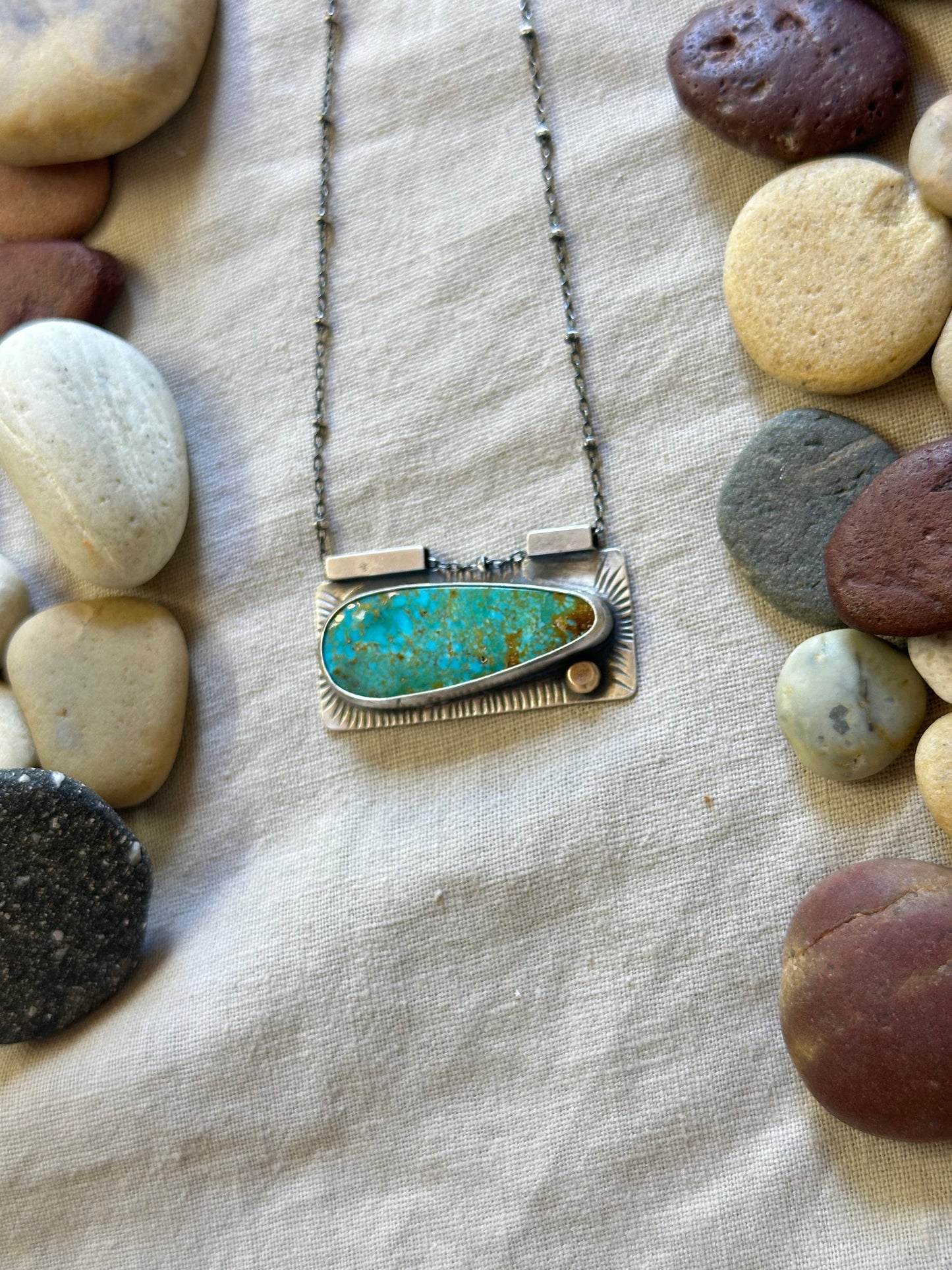 Statement Necklace ~ Kingman Turquoise Necklace ~ sterling silver & bronze dot