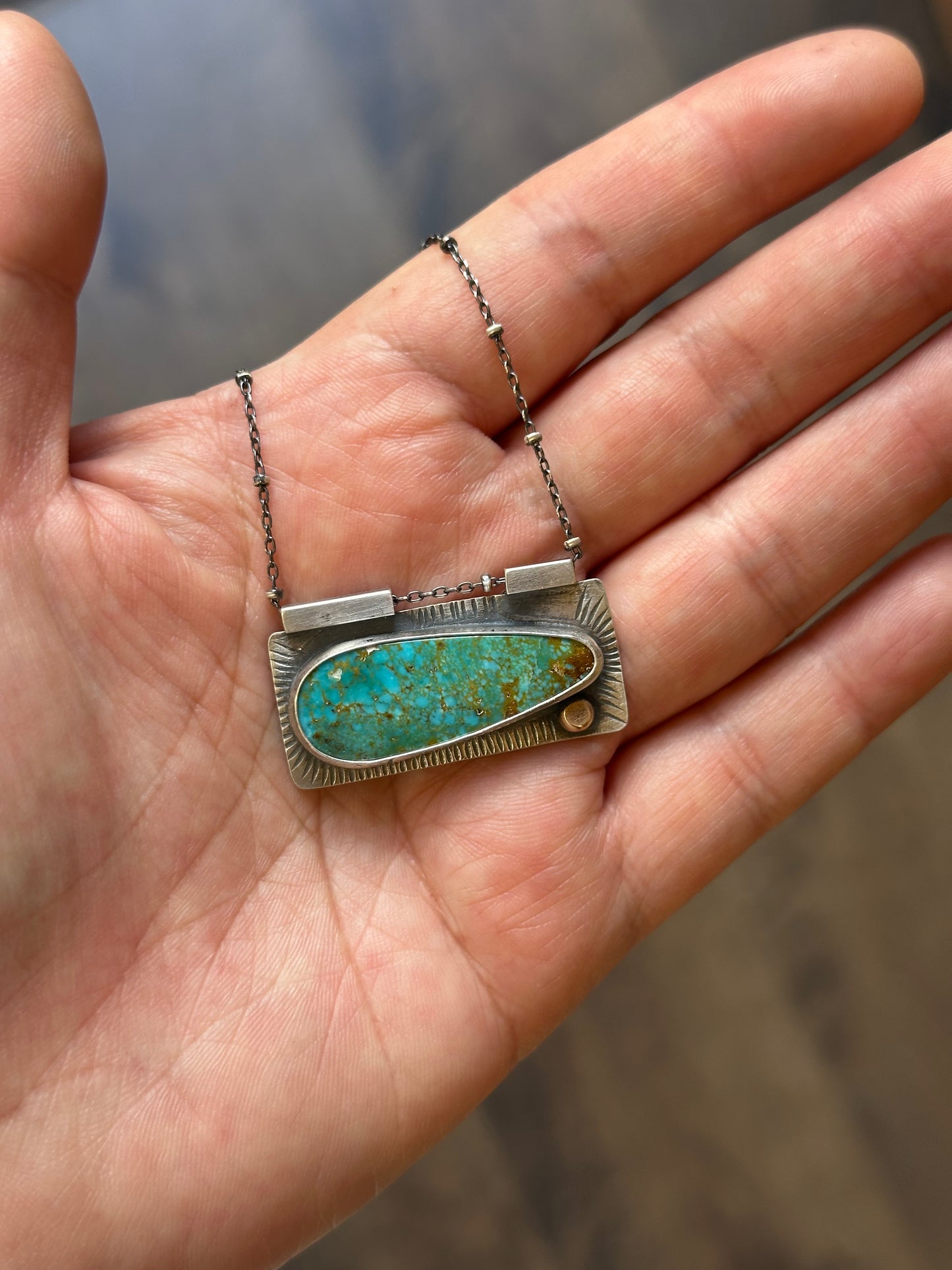Statement Necklace ~ Kingman Turquoise Necklace ~ sterling silver & bronze dot