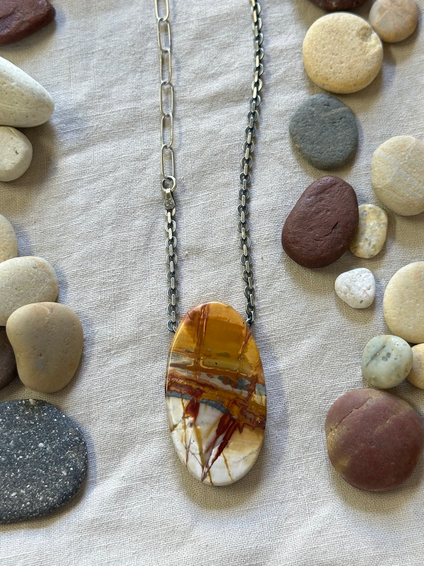 Pierced Picture Jasper Pendant Necklace - Long chain Necklace