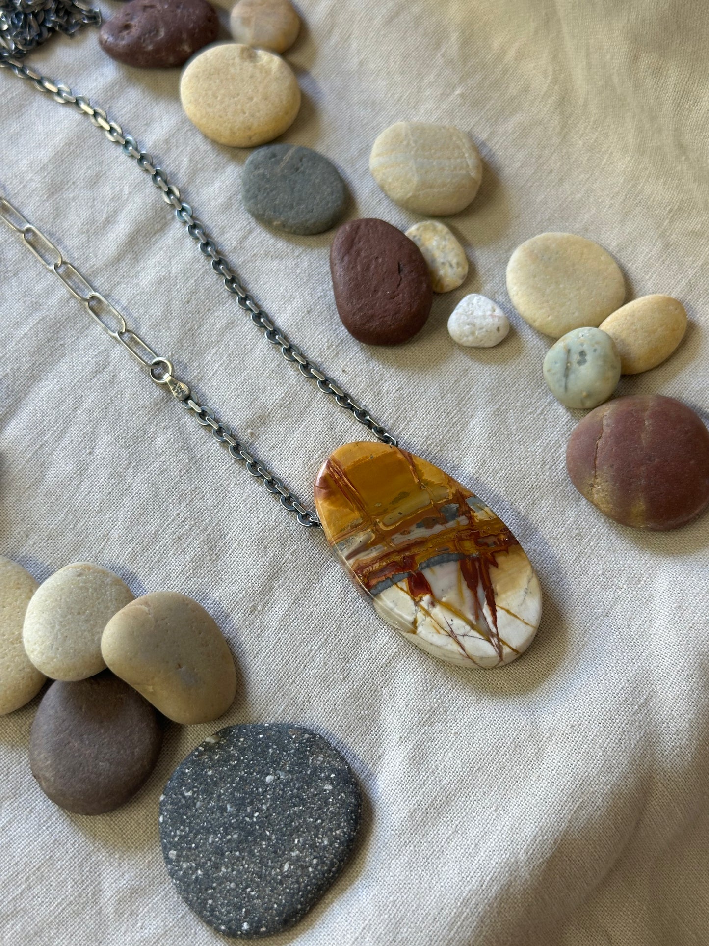 Pierced Picture Jasper Pendant Necklace - Long chain Necklace