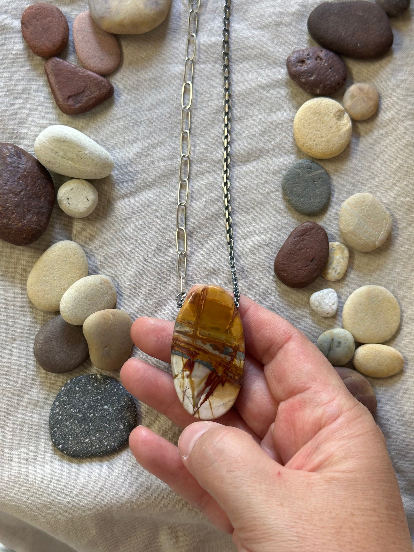 Pierced Picture Jasper Pendant Necklace - Long chain Necklace
