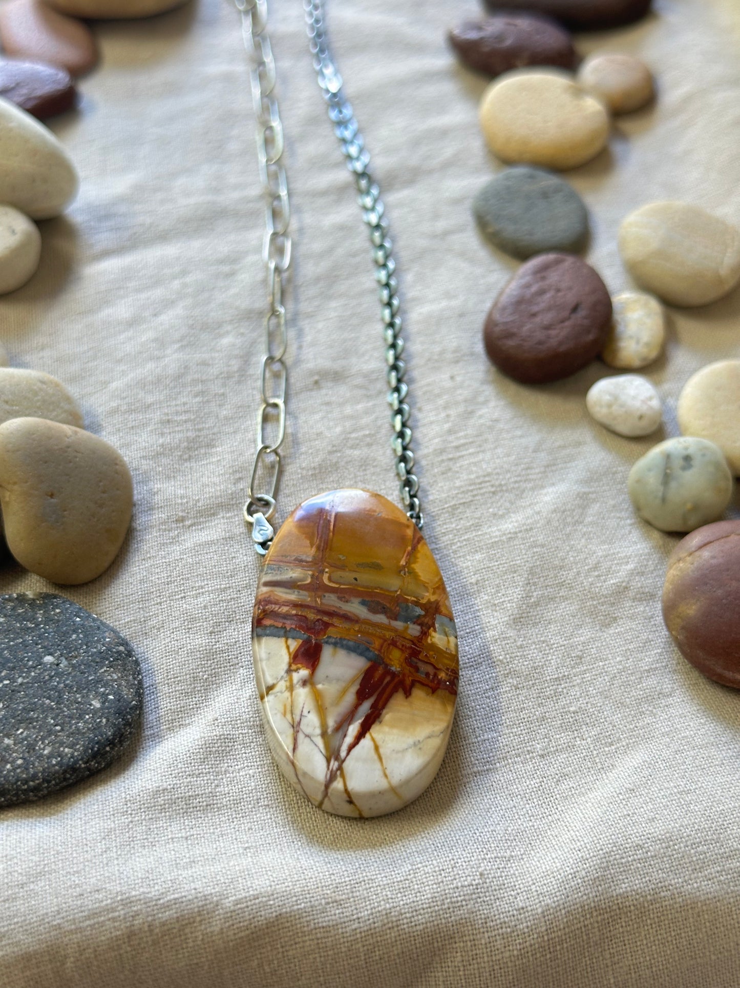 Pierced Picture Jasper Pendant Necklace - Long chain Necklace