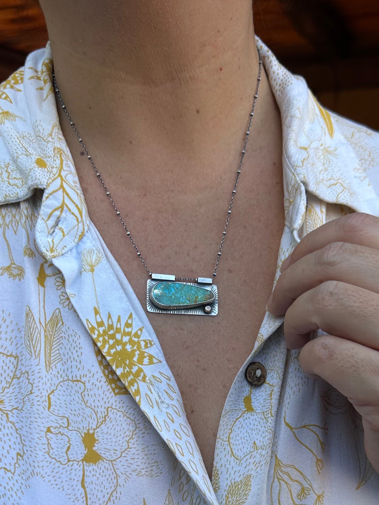 Statement Necklace ~ Kingman Turquoise Necklace ~ sterling silver & bronze dot