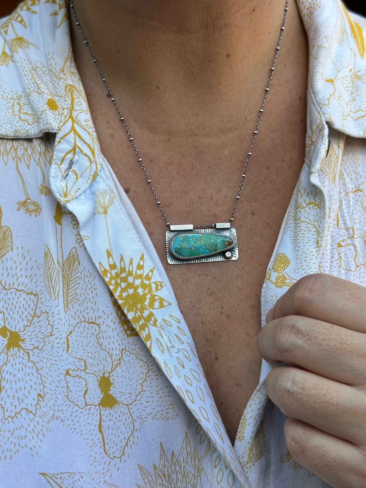 Statement Necklace ~ Kingman Turquoise Necklace ~ sterling silver & bronze dot