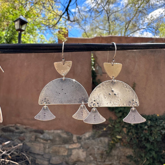 Shield and Moon Dangle  Earrings - Brass and Sterling Silver