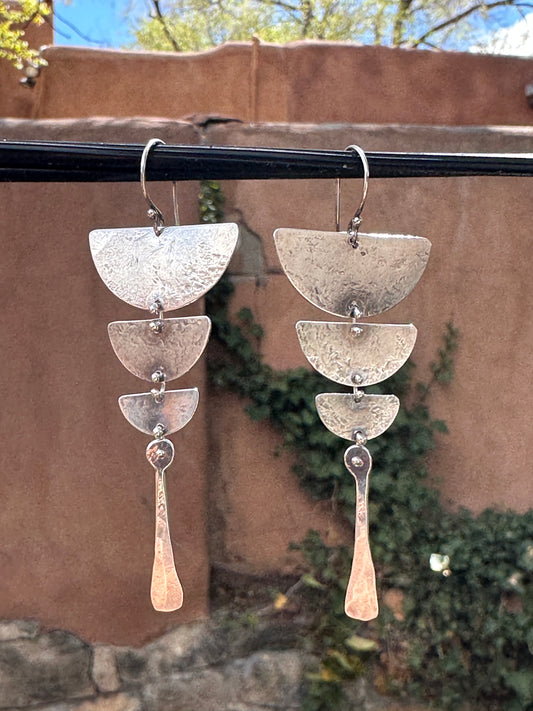 Semi Circles Long Dangle Earrings - Sterling Silver