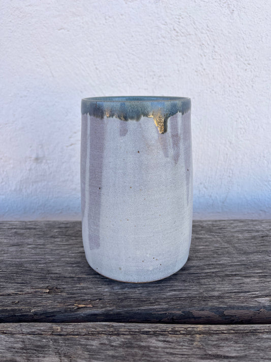 Off white vase with cobalt green interior - Stoneware