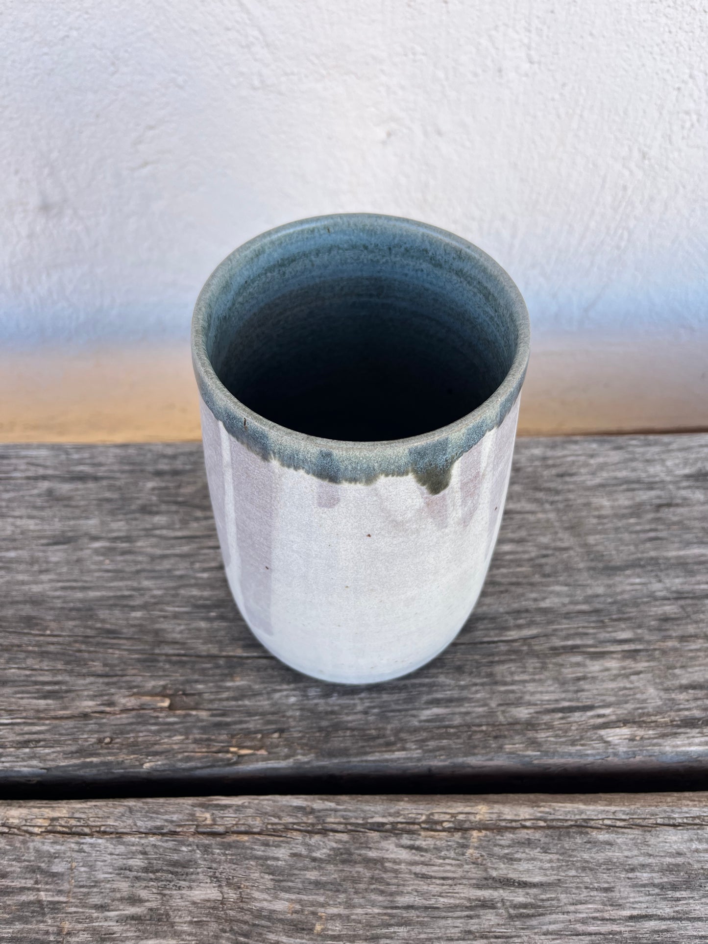 Off white vase with cobalt green interior - Stoneware