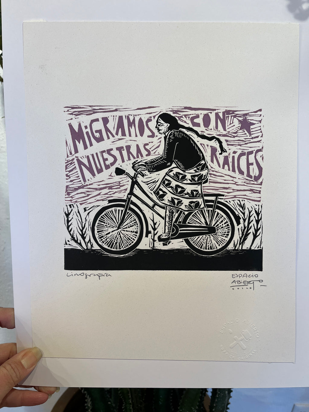 Migramos con Nuestras Raices - Linocut 9”x12.5”