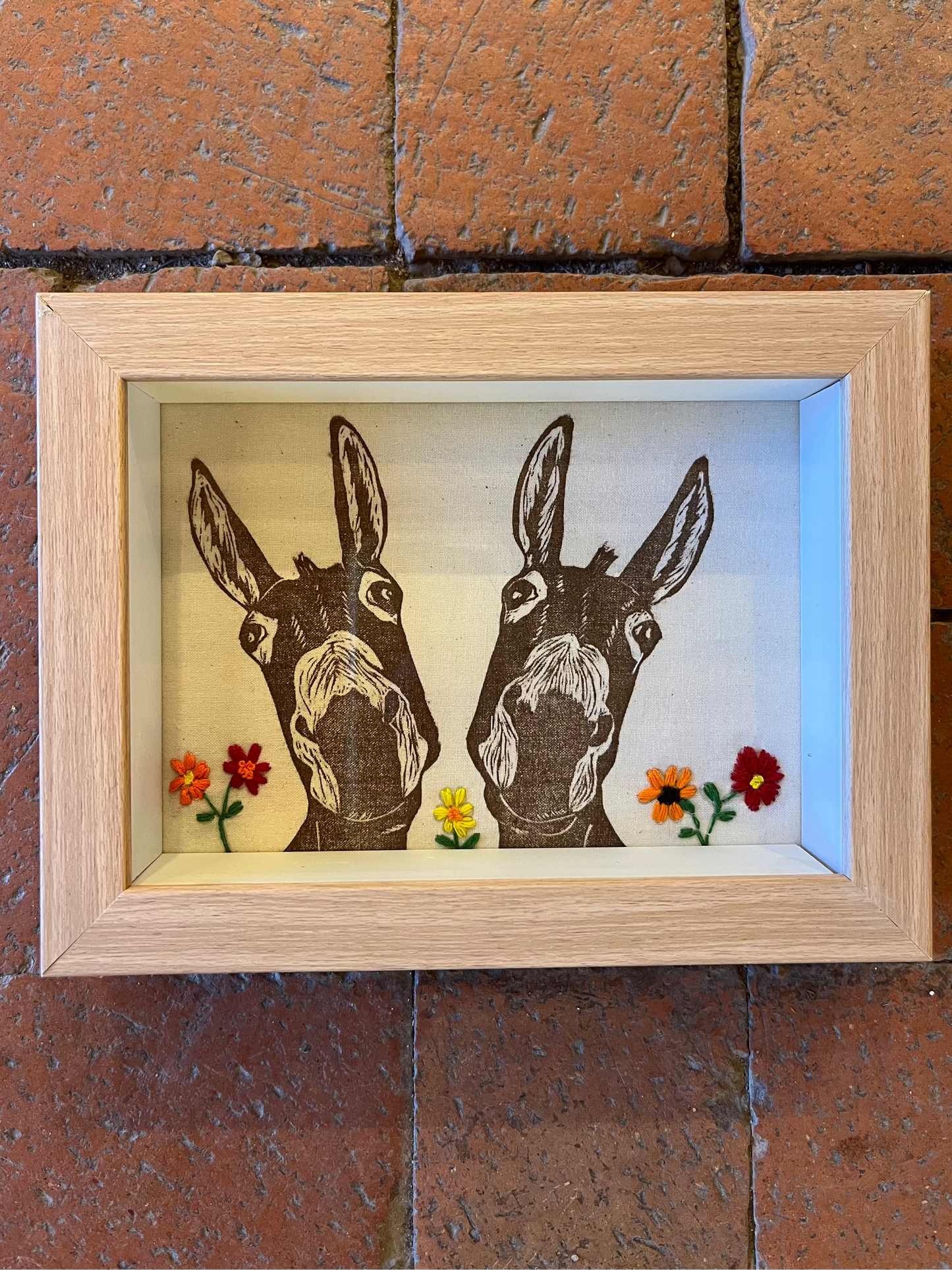 Shadow box ~ Two Mules printed on fabric with hand embroidery ~ multicolor flowers