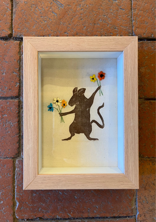 Shadow box ~ Mouse holding flowers - print on fabric with hand embroidery