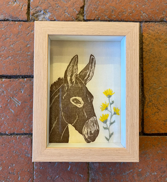 Shadow box ~ Mule with flowers printed on fabric with hand embroidery ~ yellow flowers