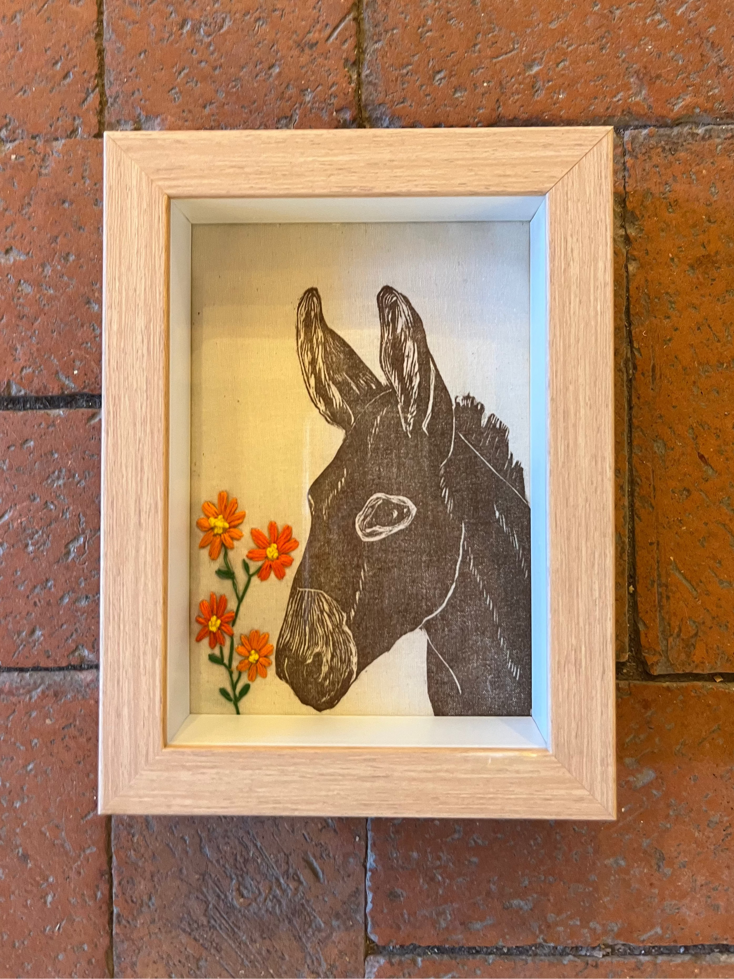Shadow box ~ Mule with flowers printed on fabric with hand embroidery ~ orange flowers
