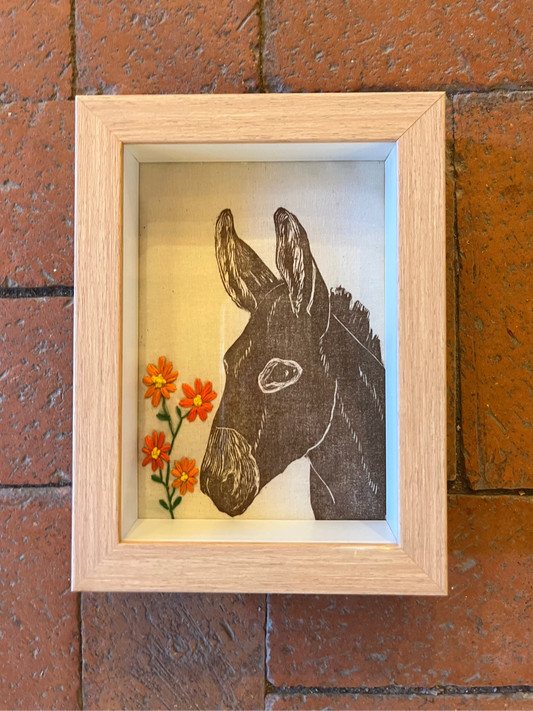 Shadow box ~ Mule with flowers printed on fabric with hand embroidery ~ orange flowers