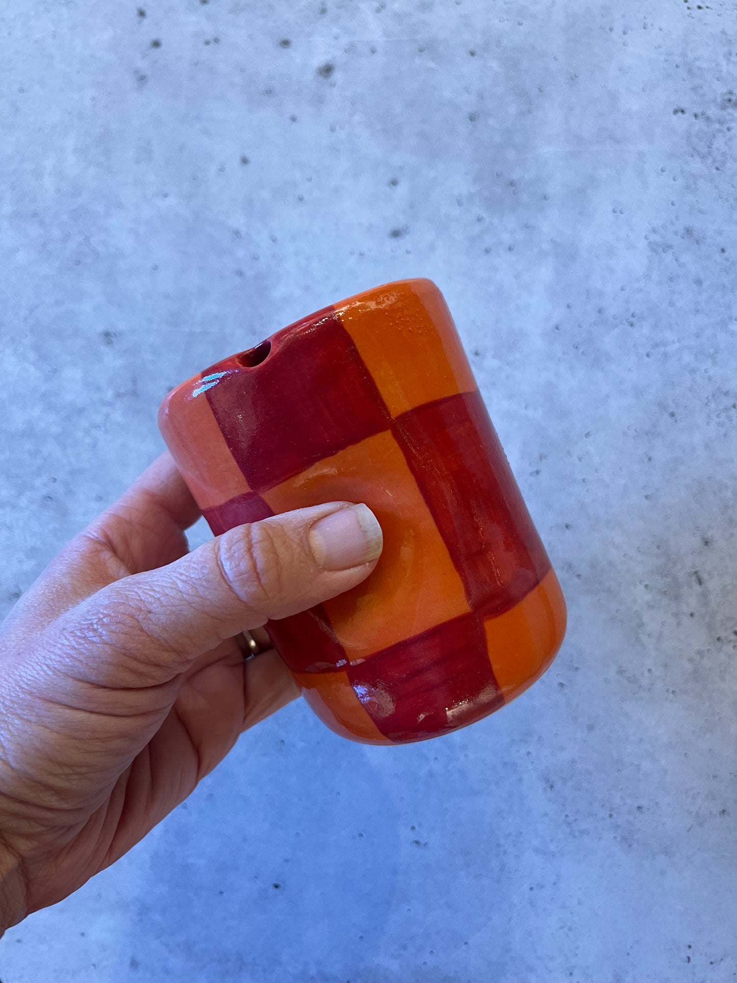 Travel Tumbler ~ Thumb print - Red & orange check