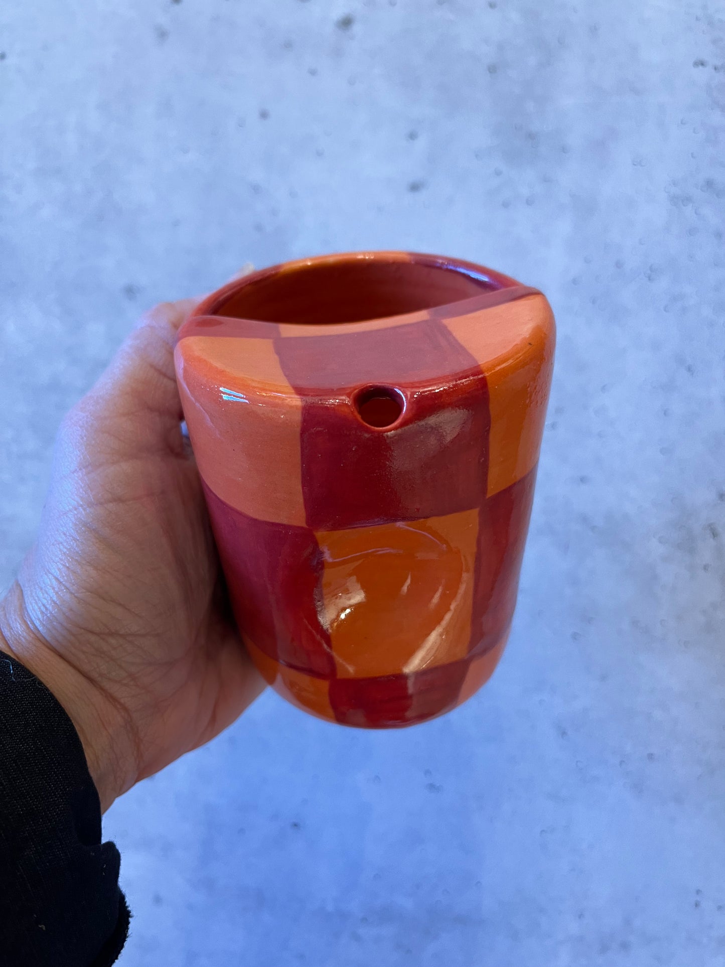 Travel Tumbler ~ Thumb print - Red & orange check