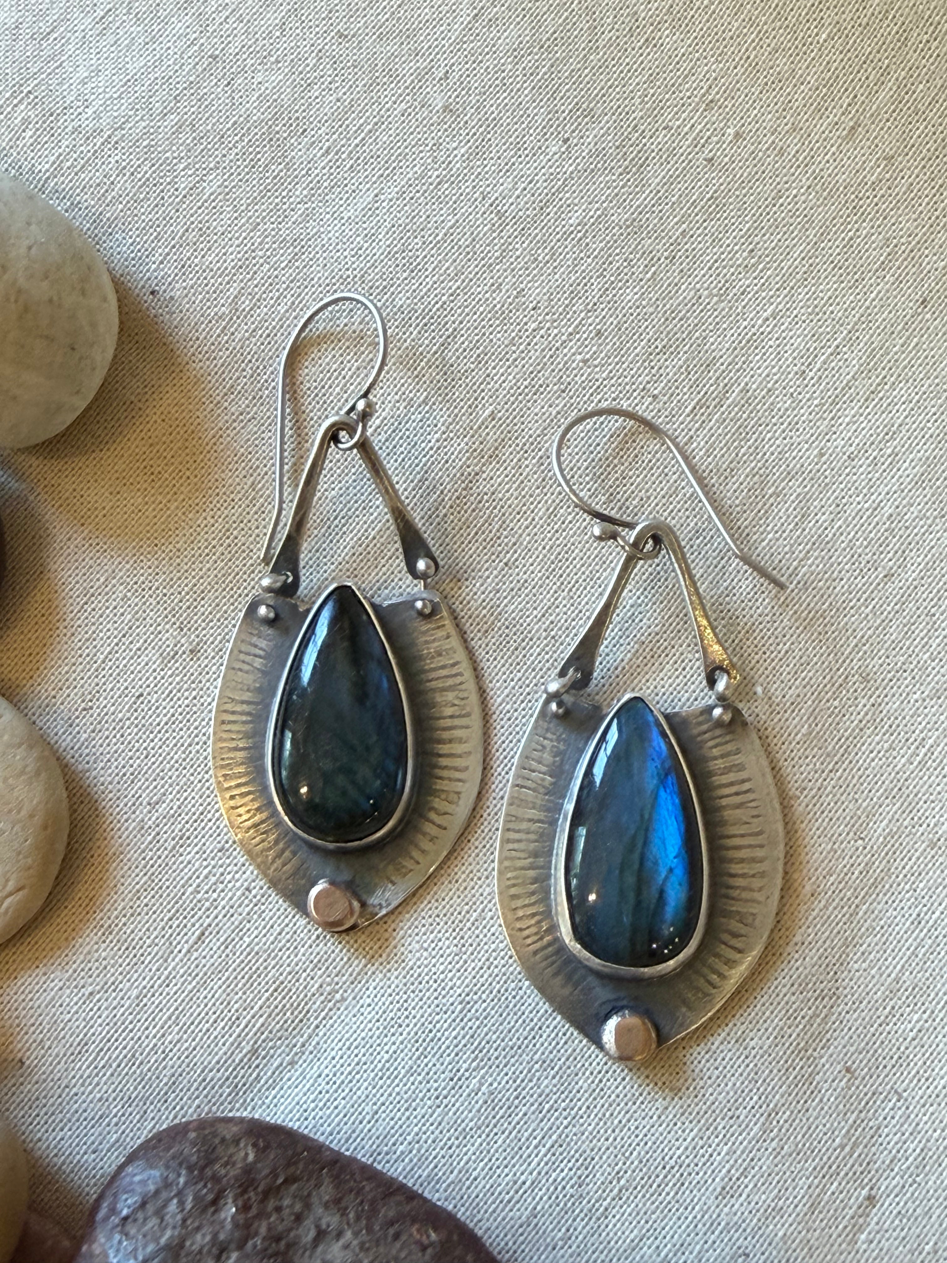 Earrings ~ Labradorite and sterling silver & bronze