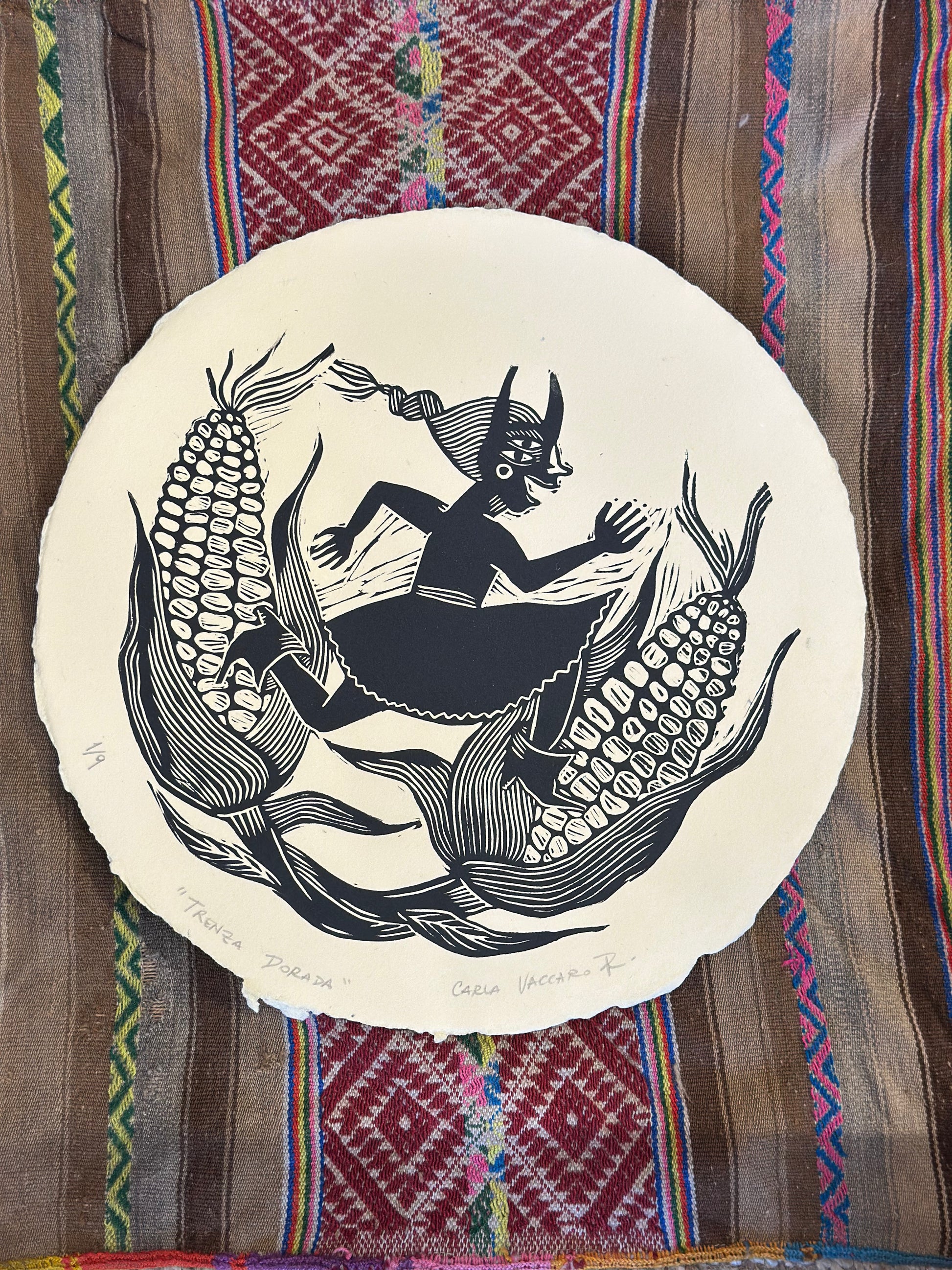 Round Linocuts Trenza Dorada - Linocut Round Print – Cielo Handcrafted